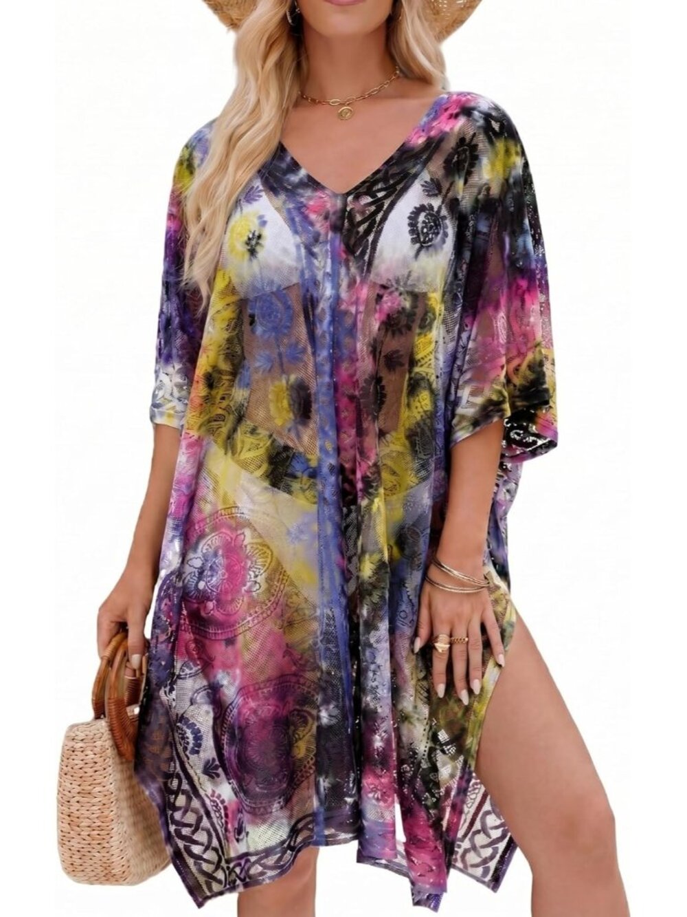Women Yellow Blue Black Polyester V-Neck Elegant Lace Beach CoverUp For Poolside